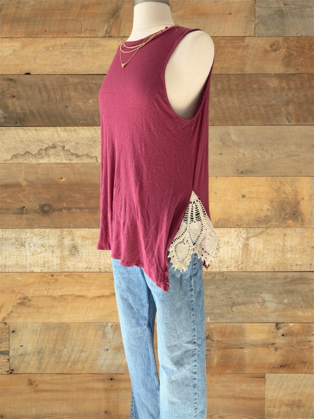 Cottagecore Reworked Pink Republic Lace Side Split Tank Top Burgundy Large
